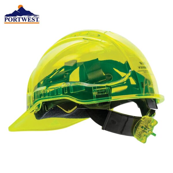 Portwest PV60 Safety Helmet Peak View Vented Ratchet Work Hard Hat in Translucent Hi Vis ANSI CE Adjustable PC Work Cap