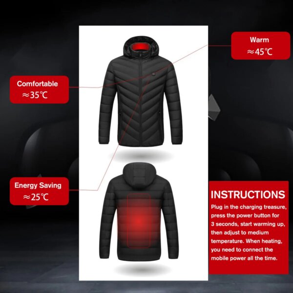 USB Heating Jackets Men Winter Heated Vest Jacket Waterproof Hooded Cotton Coat Super Warm Outdoor Camping Hiking Heated Jacket - Image 4