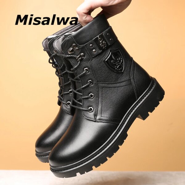 Winter Men's Snow Boots 2021 British Genuine Leather Fur Warm Boots Misalwa Handsome Stylish Lace-Up Motorcycle Safety Boots - Image 2