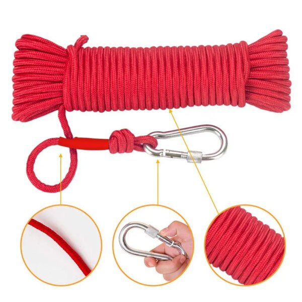 Emergency Escape Rope With Climbing Buckle Magnet Fishing Rope Nylon Rescue Safety Rope Length 20 m Diameter 8 mm