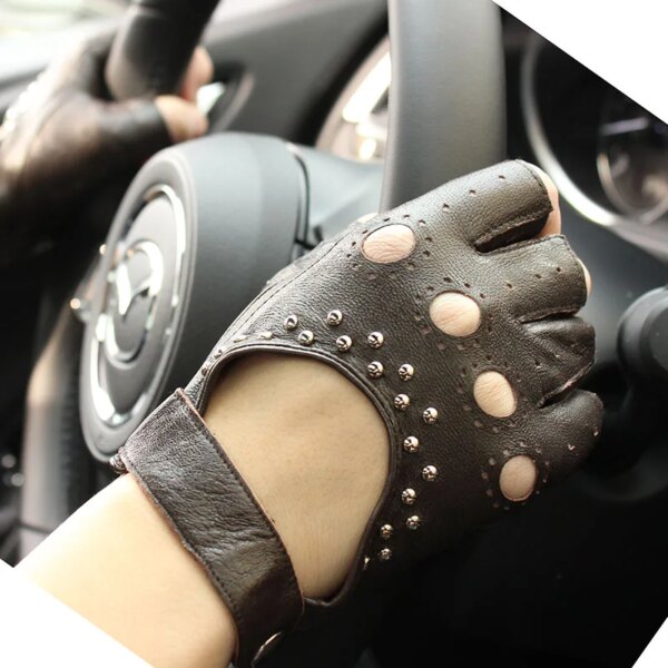 Leather Half-Finger Gloves Women's Thin Short Unlined Spring, Summer and Autumn Outdoor Motorcycle Riding Driving Fingerless - Image 14