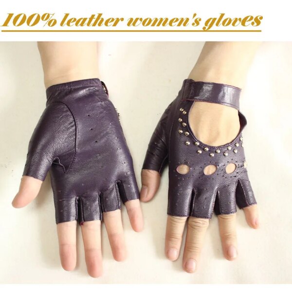 Leather Half-Finger Gloves Women's Thin Short Unlined Spring, Summer and Autumn Outdoor Motorcycle Riding Driving Fingerless - Image 16