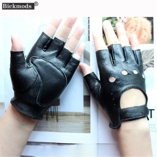 Leather Half-Finger Gloves Women's Thin Short Unlined Spring, Summer and Autumn Outdoor Motorcycle Riding Driving Fingerless - Image 7