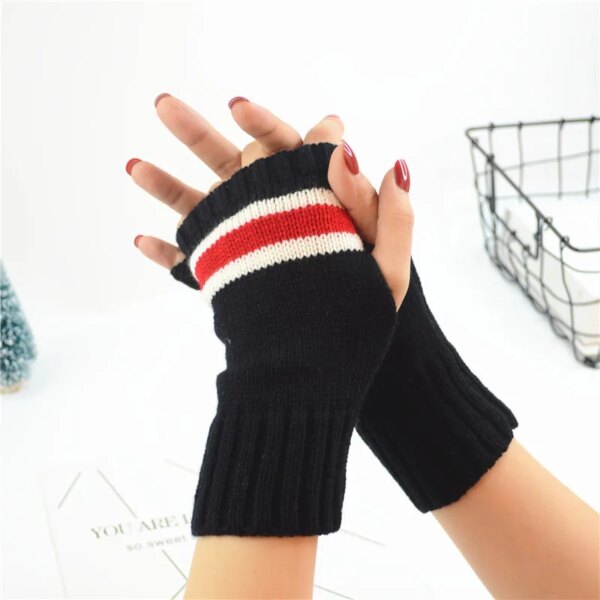 New Style Men's  Women's Autumn  Winter Half Finger Striped Gloves Cold Proof and Warm Keeping Short Arm Sleeve - Image 2