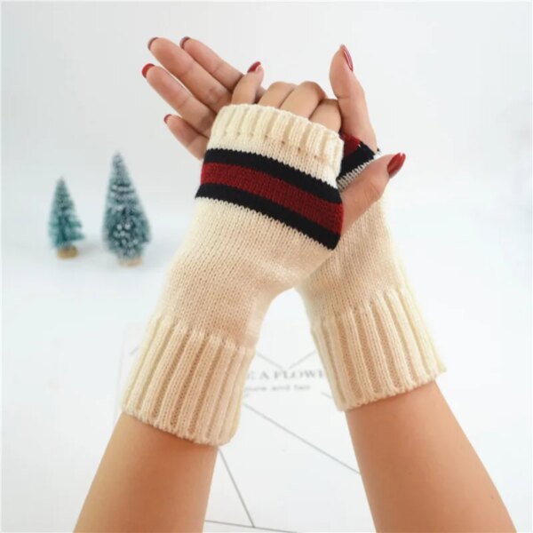 New Style Men's  Women's Autumn  Winter Half Finger Striped Gloves Cold Proof and Warm Keeping Short Arm Sleeve - Image 3