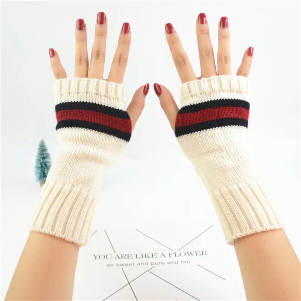 New Style Men's  Women's Autumn  Winter Half Finger Striped Gloves Cold Proof and Warm Keeping Short Arm Sleeve - Image 6