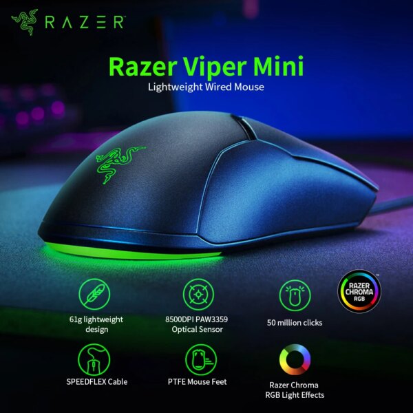 Razer Thundersnake Viper Mini Edition Optical Sensor Light USB Computer Mouse Esports Game Mouse Wired Office Notebook RGB Mouse - Image 3