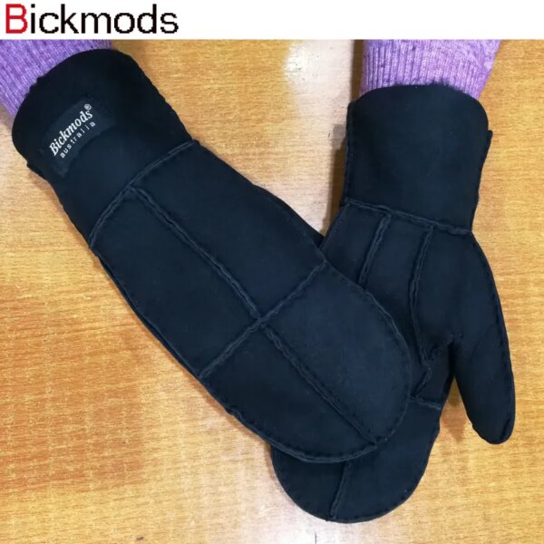 Sheepskin Fur Gloves Women's Winter Cold Warm Men's Leather Thicken Mittens Hand Sewn Black Sheepskin Wool - Image 7