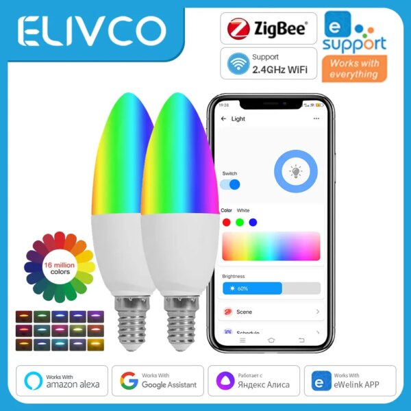 Smart Light Bulb WiFi/Zigbee E14 Dimmable Candle Lamp RGB+CW+WW 5W eWelink APP Voice Control Works With Alexa Google Home Alice