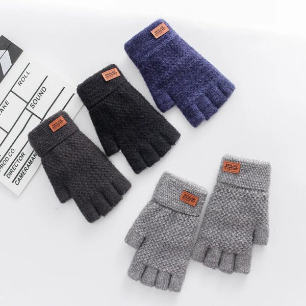 Winter Fingerless Gloves For Men Half Finger Writting Office Knitted Alpaca Wool Warm Leather Label Thick Elastic Driving Gloves - Image 2