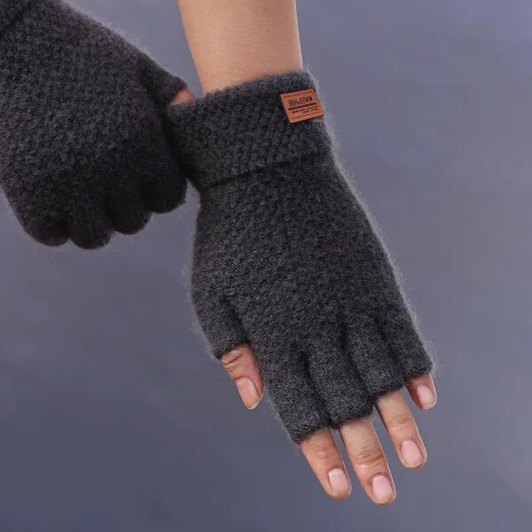 Winter Fingerless Gloves For Men Half Finger Writting Office Knitted Alpaca Wool Warm Leather Label Thick Elastic Driving Gloves - Image 3