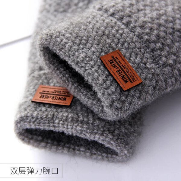 Winter Fingerless Gloves For Men Half Finger Writting Office Knitted Alpaca Wool Warm Leather Label Thick Elastic Driving Gloves - Image 5