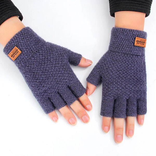 Winter Fingerless Gloves For Men Half Finger Writting Office Knitted Alpaca Wool Warm Leather Label Thick Elastic Driving Gloves