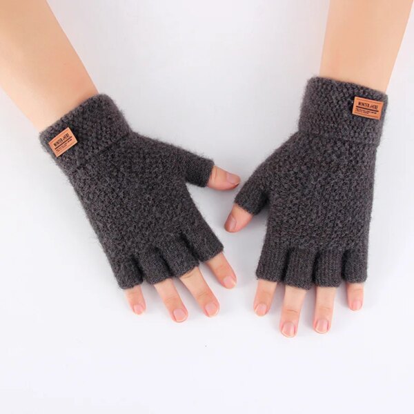 Winter Fingerless Gloves For Men Half Finger Writting Office Knitted Alpaca Wool Warm Leather Label Thick Elastic Driving Gloves - Image 8