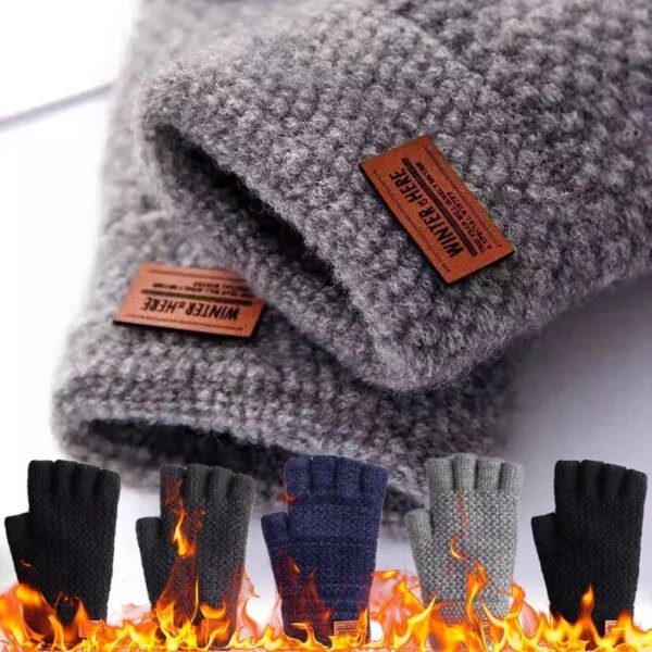 Winter Fingerless Gloves for Men Half Finger Writting Office Knitted Thick Wool Warm Label Thick Elastic Outdoor Driving Gloves - Image 2