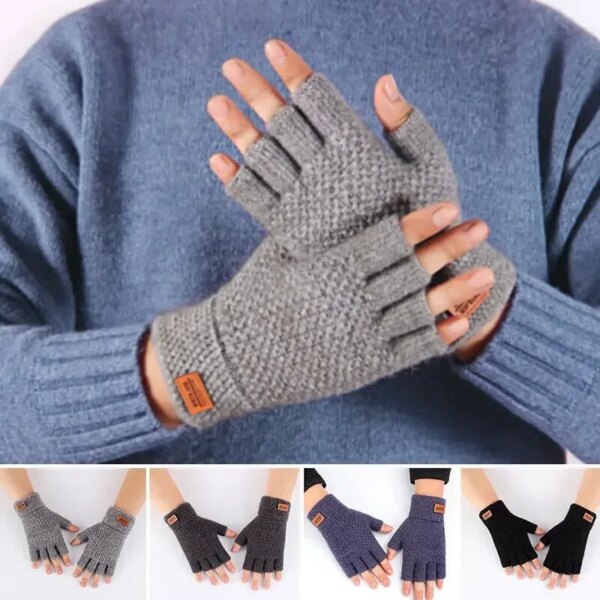 Winter Fingerless Gloves for Men Half Finger Writting Office Knitted Thick Wool Warm Label Thick Elastic Outdoor Driving Gloves - Image 3