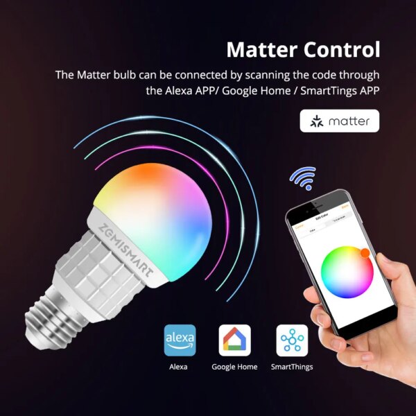 Zemismart WiFi Matter-certified LED Light Bulb RGBCW Smart E27 Dimmable Lamp 7W Siri Google Home Smartthings Alexa - Image 4