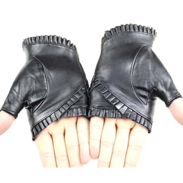 female Fingerless leather gloves wrinkled lace style semi pointed sheepskin gloves sports ride driving - Image 2