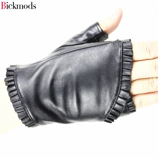 female Fingerless leather gloves wrinkled lace style semi pointed sheepskin gloves sports ride driving - Image 4