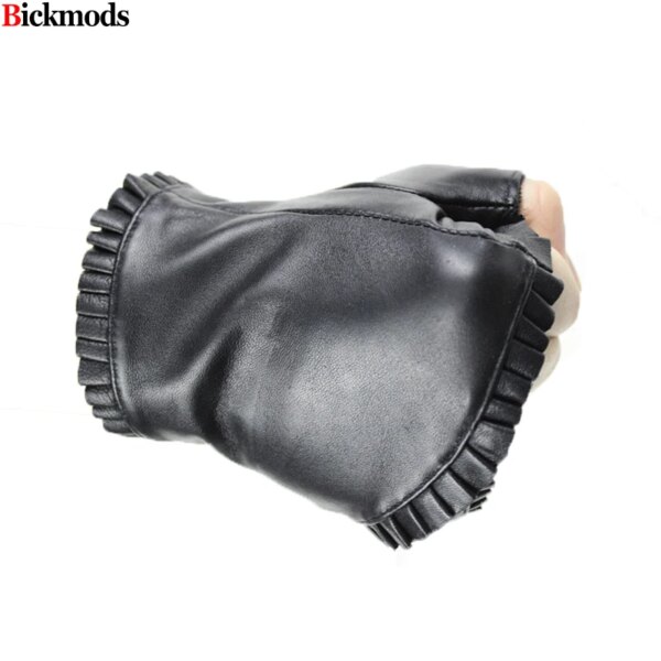 female Fingerless leather gloves wrinkled lace style semi pointed sheepskin gloves sports ride driving - Image 5