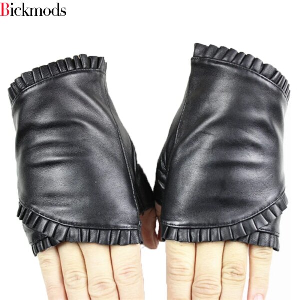 female Fingerless leather gloves wrinkled lace style semi pointed sheepskin gloves sports ride driving - Image 6