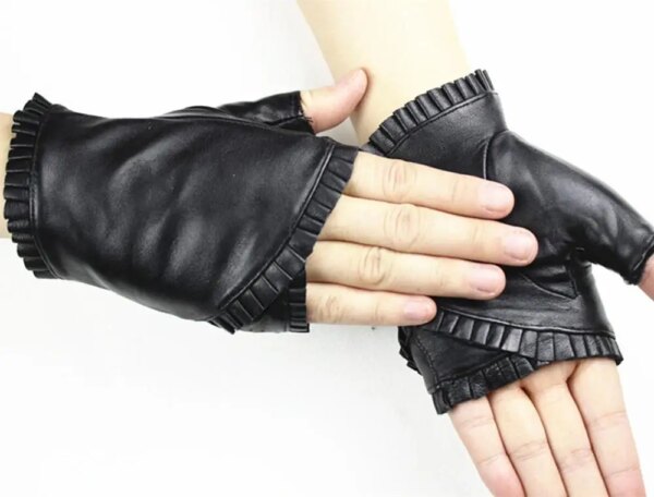 female Fingerless leather gloves wrinkled lace style semi pointed sheepskin gloves sports ride driving - Image 7